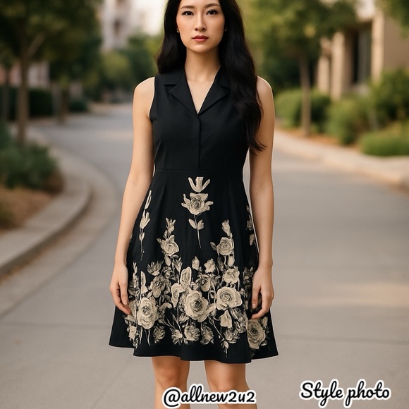 Spense Dresses & Skirts - Spense Collared Black Floral Fit & Flare Side Zipper Invisible Size 14